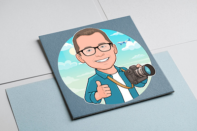 cartoon portrait of a man with a camera airplane airplane in the blue sky animation august august 19 blue sky branding camera around neck cartoon portrait cartoonist cloudy sky happy world photography day illustration man man with camera photographer photographer man thumb up white cloud world photography day
