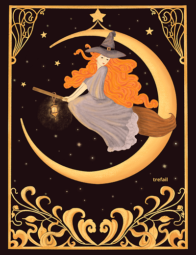 Witch at moon night digital art digital illustration elegant halloween art illustration witch illustration