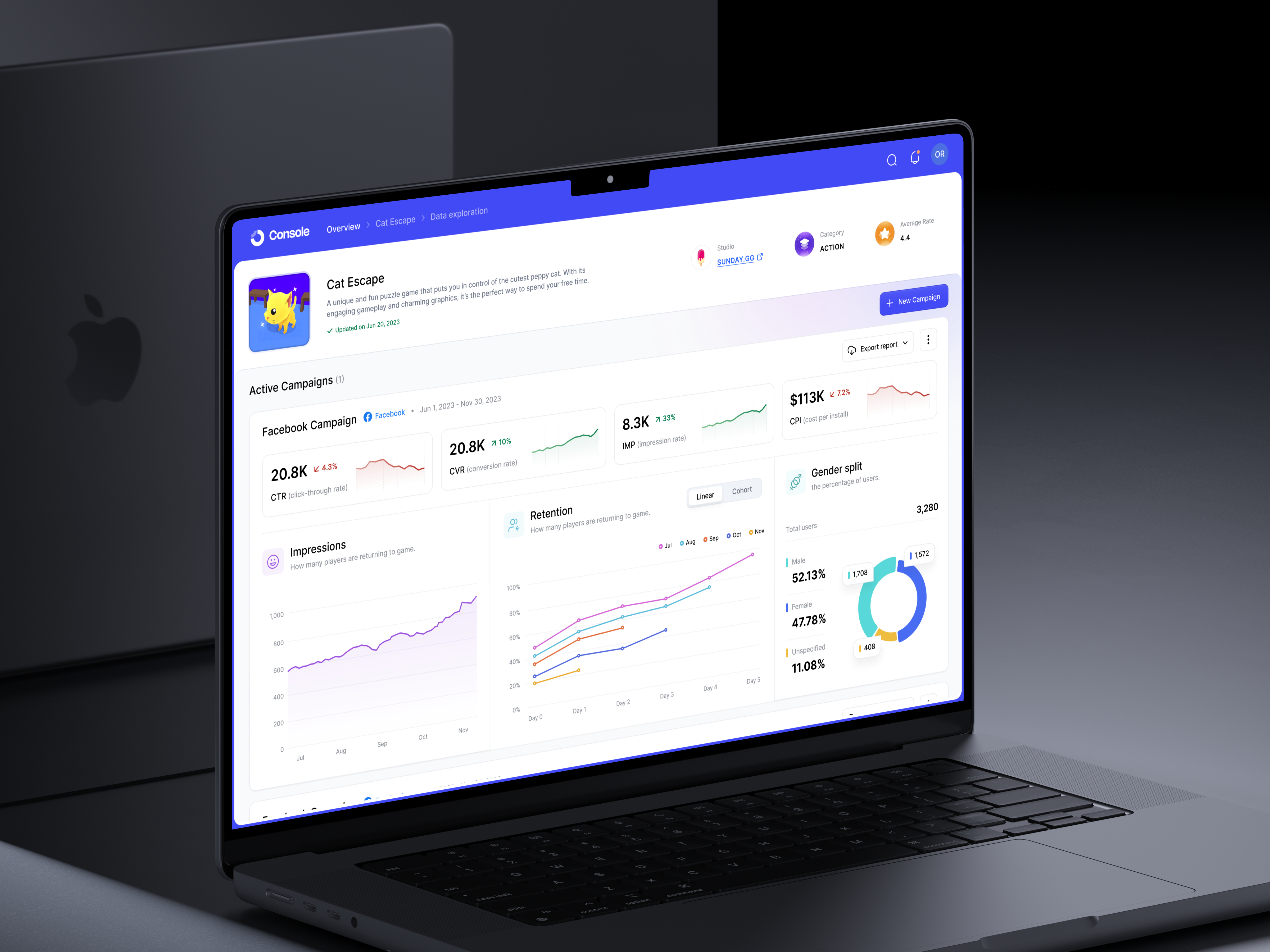 🕹 Game Stats Dashboard 3d analytics analyze chart dashboard data developers explore game gamecampaigns graph graphic design illustration marketing metrics performance platform score stats ui
