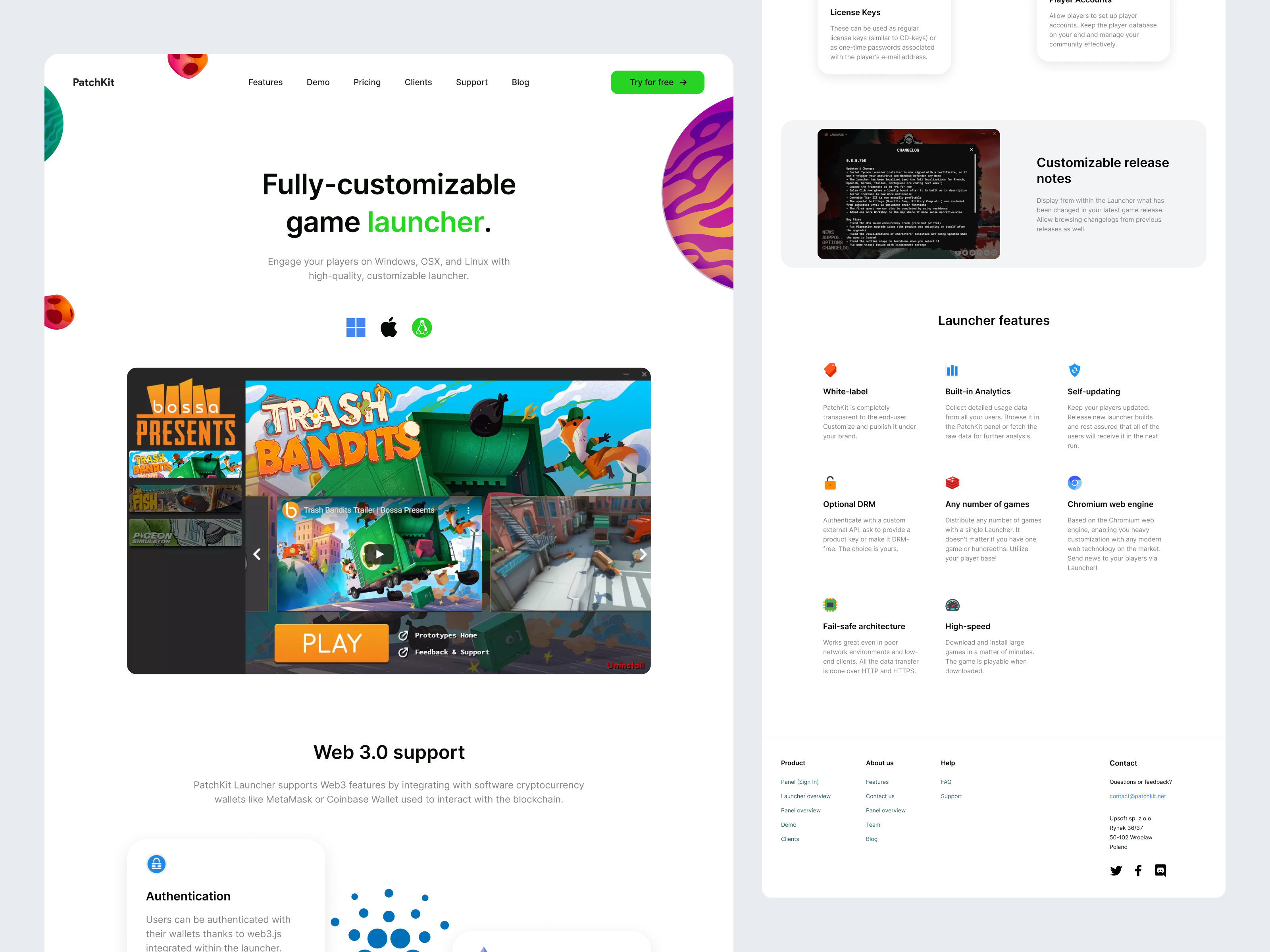 PatchKit - Launcher Presentation page award b2c clean design game green illustration landing launcher minimalistic page presentation product ui uiux ux uxui web web3 white