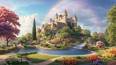 Enchanted Castle and Garden: An Otherworldly Abode 3d 3d art ai art castle cgi colorful environment fantasy floral flowers fountain garden illustration landscape magical nature rainbow sky trees water