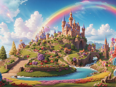 Candy Land - An Imaginative Wonderland 3d 3d art ai art candy candy land castle cgi clouds colorful enchanted environment floral flowers illustration nature rainbow sky sweets trees water