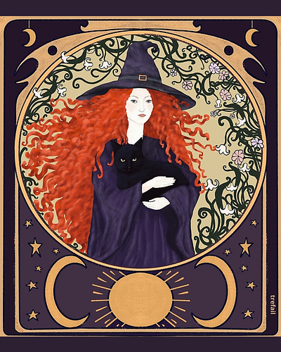 Witch with black cat digital art digital illustration halloween illustration tarot inspired witchcraft witchy