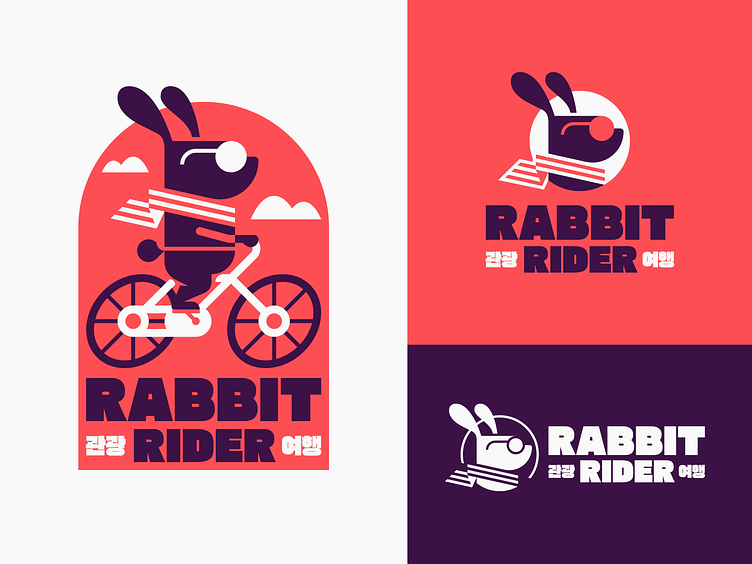 A rabbit in sunglasses and a scarf rides a bicycle. Logo for a travel agency in South Korea.