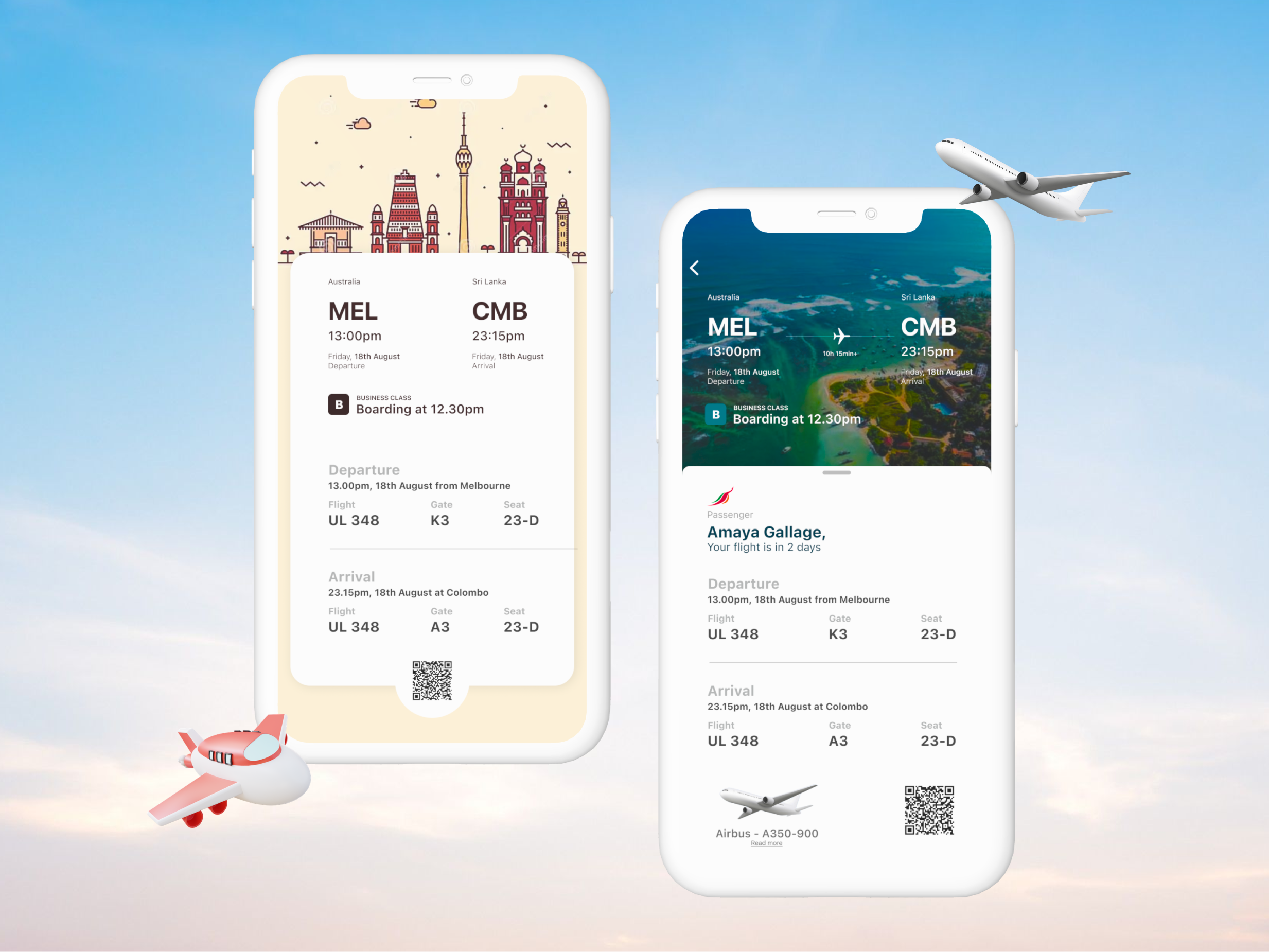 Boarding pass UI design - two worlds 🌏 aeroplanes airport boarding pass branding cute vector design graphic design illustration jithmi jithmi alwis logo mobile mobile ui modern ui planes sri lanka sri lankan ui ui design.ux design vector