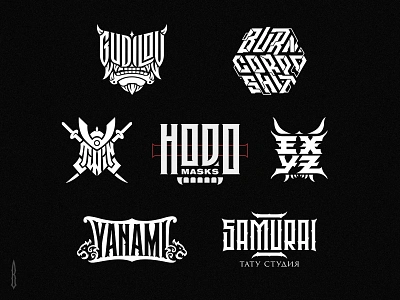 Logotypes in japan style black metal logo clothing logo cyberbunk logo cyberpunk font cyberpunk style dark lettering deathcore demon samurai gothic gothic logo japan logo japan style lettering logotype modern oni mask samurai logo tattoo logo typography