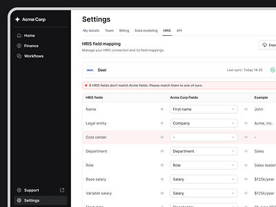 HRIS field mapping configuration connection status crm deel error error message field map field mapping gusto hr hr tool hris human resources integration integration settings personio settings status warning warning message