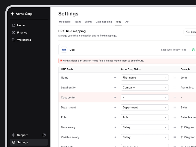 HRIS field mapping configuration connection status crm deel error error message field map field mapping gusto hr hr tool hris human resources integration integration settings personio settings status warning warning message