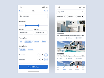 Real Estate App — Search Filter and Search Results design mobile design product design ui visual design