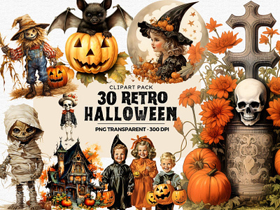 30 Retro Halloween Clipart clipart cute witch halloween illustration kids midcentury png pumpkin retro svg halloween t shirt vintage watercolor
