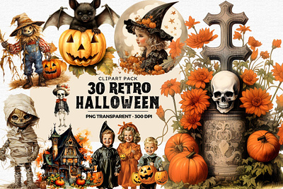 30 Retro Halloween Clipart clipart cute witch halloween illustration kids midcentury png pumpkin retro svg halloween t shirt vintage watercolor