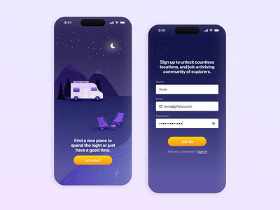 Sign Up Camper App DailyUI #001 dailyui gradient graphic design illustration illustrator interface promo screen sign up ui