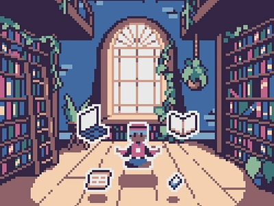 Lo-fi wizard to chill/study with :D 16bit 8bit chill chillart chillvibes dnd environment design fantasy fantasyart gameart illustration interiordesign libraryart lofi lofiart pixel art pixelart studying wizard