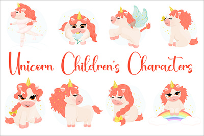 Set of illustrations of beautiful unicorns for children's design vector