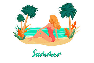 summer illustration with a girl on the beach paradise