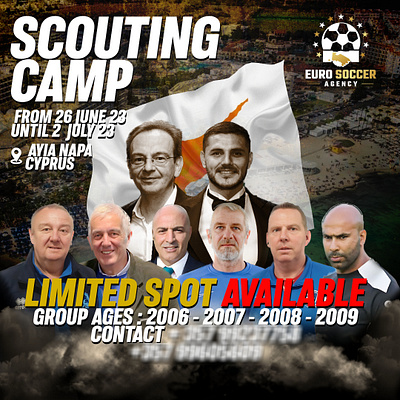 Scouting Camp with Expert Football Manager facebook post fiverr football event graphic design instagram post photoshop poster print print ads school scouting camp soccer soccer event social media upates training manager