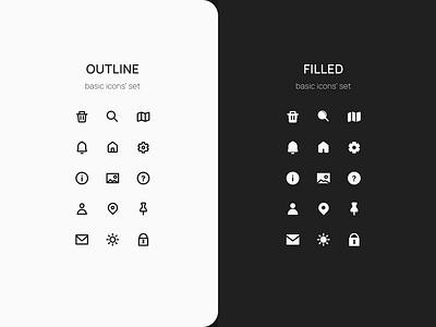 Basic icons' set outline and filled basicicons blackwhite design filledicon graphic design icon iconpack icons iconset illustration logo minimalism minimalistic outlineicon ui vector