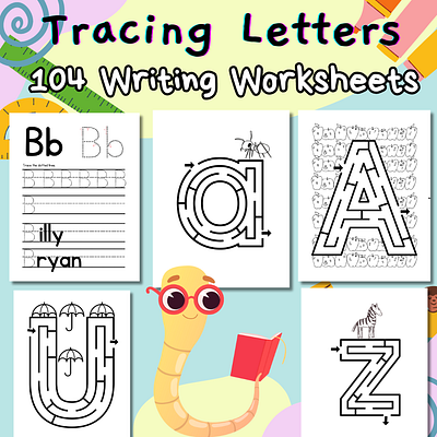 Alphabet Handwriting Practice, 104 Writing Letters Tracing activity book alphabet back to school coloring pages design graphic design illustration kids montessori writing