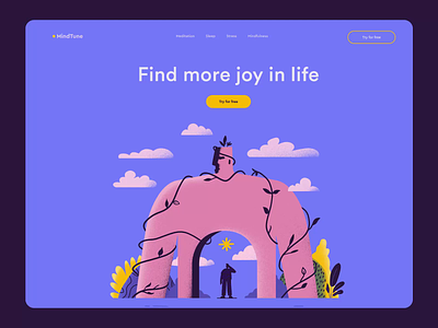 Mindfulness Landing Page 2d animation clouds colorfull flowers grain how it works illustration landing page meditation mind mindfulness motion design our team plants ui web design