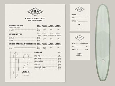 Almond Surfboards Pricing Guide almond art direction guide icon illustration layout print retro surf surfboard typography vector vintage