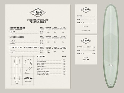 Almond Surfboards Pricing Guide almond art direction guide icon illustration layout print retro surf surfboard typography vector vintage