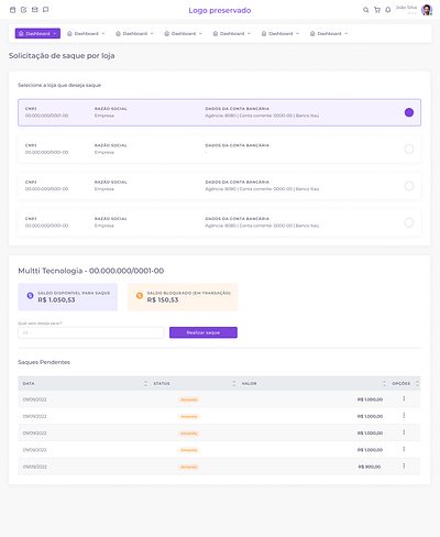 Dashboard Gateway de pagamento