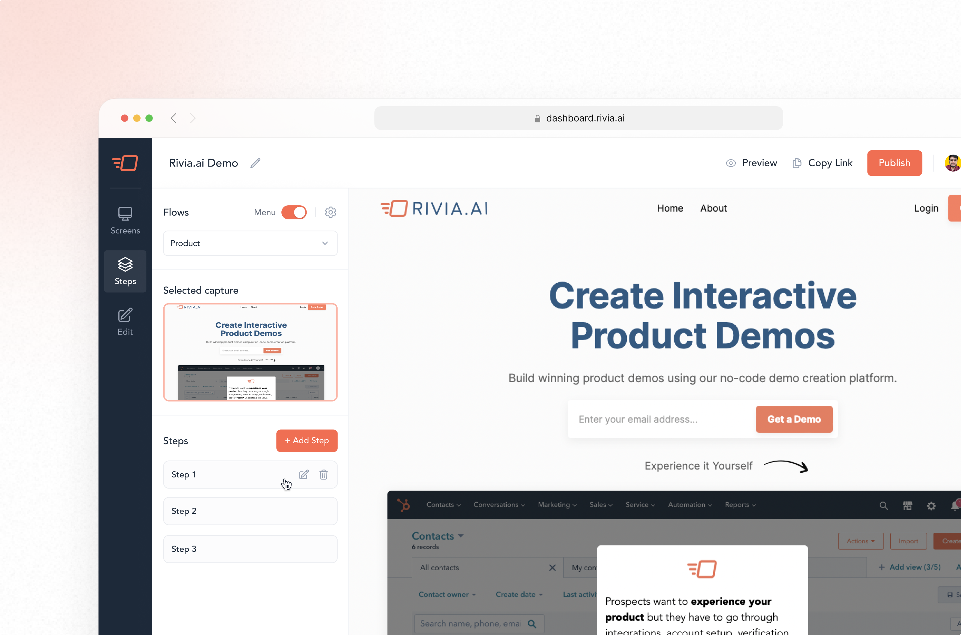 Rivia.ai Steps Page b2b dashboard interactive demo product design saas ui uiux ux uxdesign web app