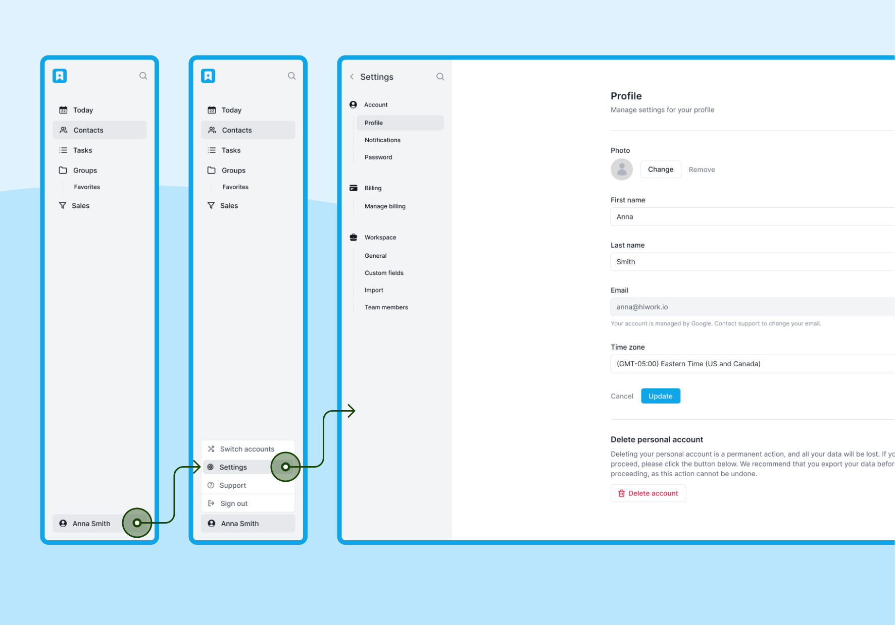 Navigation system - Settings user flow - UI/UX design crm navigation navigation system settings settings design settings modal settings user flow ui design ui ux design ux design