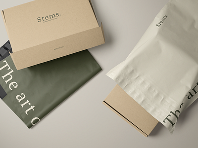 Packaging Concepts For Stems Floristry Studio brand design brand direction brand guidelines brand identity branding branding design creative studio florist graphic design luxury branding mailer box minimal branding modern branding packaging packaging design
