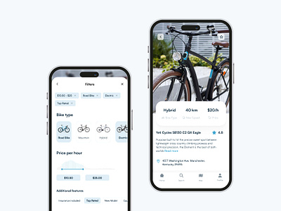 Bike Share App bicycle bike rental bike share blue design filter light theme mobile app mobile design rental share app ui