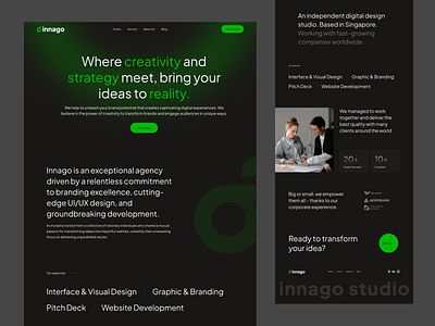 Innago - Website about us agency branding clean company dark mode gradient green homepage marketing profile service template uiux website