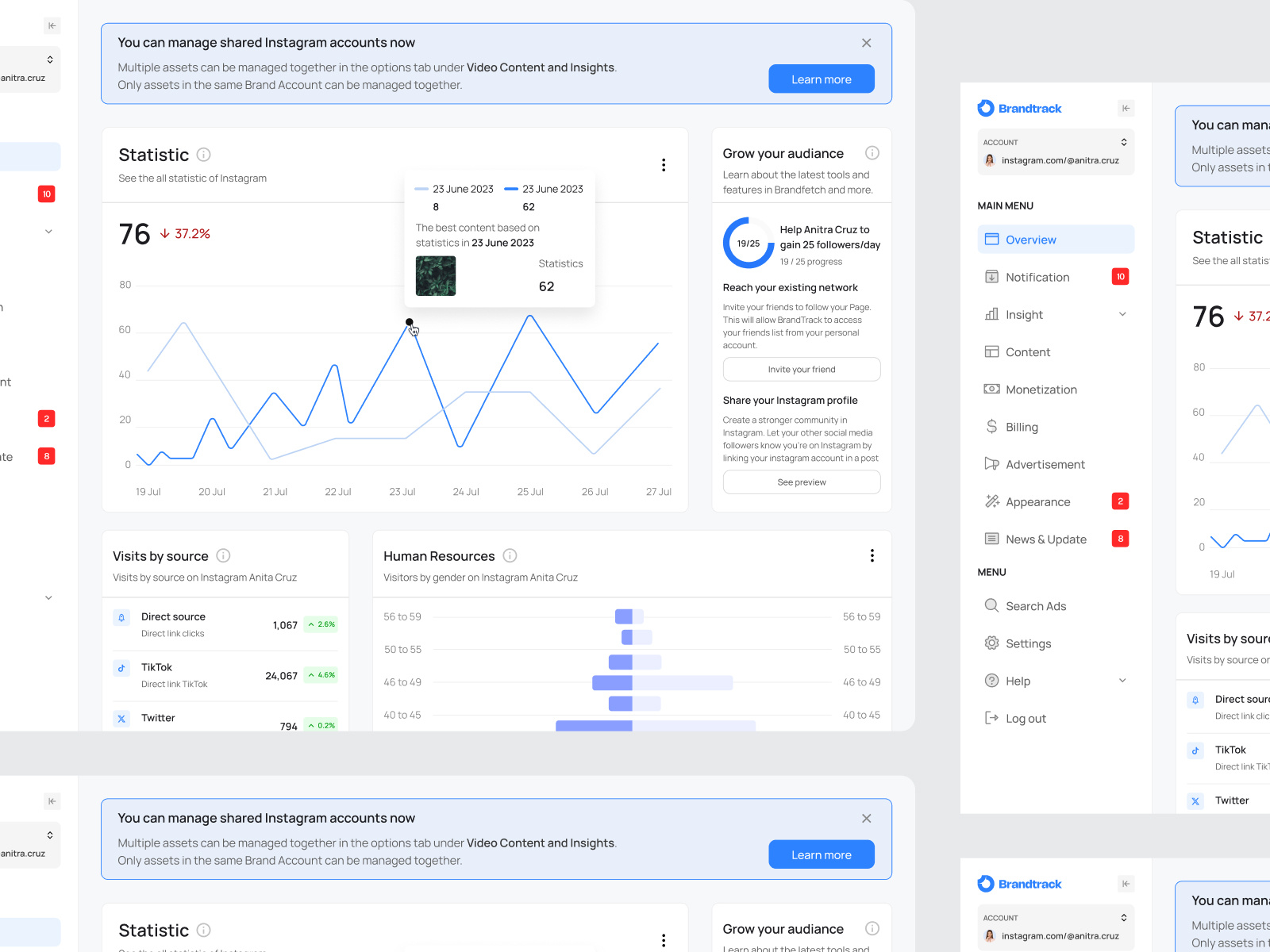 Brandtrack - Social Media Analytic ⌛️ ads analytics analytics platform app audiance chart component growth impression instagram management optimization reporting saas schedule social social media tracker ui web design