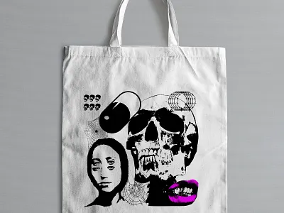 Tote Bag Design alternative bag black cool design drugs illustration skull techno tote trendy trippy vector white