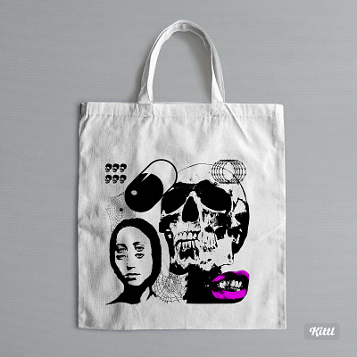 Tote Bag Design alternative bag black cool design drugs illustration skull techno tote trendy trippy vector white
