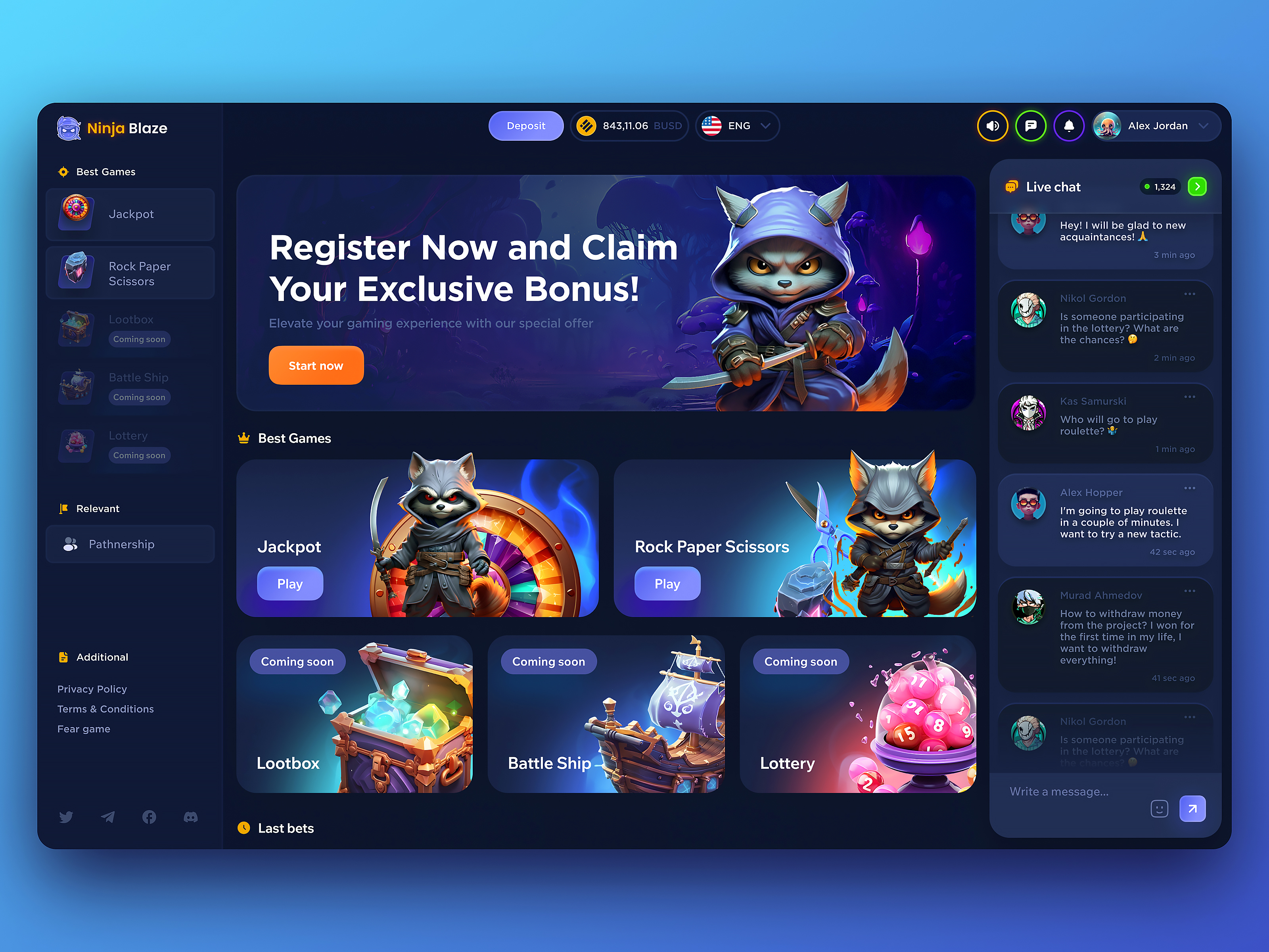 Ninja Blaze - Casino Design bet betting betting design casino casino app casino game casino interface gambling gambling design games igaming mobile casino ninja blaze open case p2e interface slots design ui casino ux casino web casino web3 interface