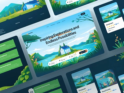 SnapTrips Hero Header Illustrations adventure animation design destination graphic design header illustration landing page landscape nature rent travel ui