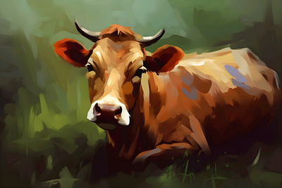 Oil paint style cow on the field design graphic design illustration typography vector