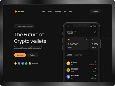 A digital asset wallet hero section UI design icon logo typography ui ux vector