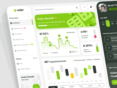 osler UI Kit: AI Telehealth & Telemedicine App Dashboard Main UI ai chatbot clean dashboard doctor appointment doctor dashboard flat green health health dashboard healthcare healthcare ai healthcare dashboard medical dashboard minimal telehealth telehealth ai telehealth dashboard telemedicine ui kit virtual consultation dashboard