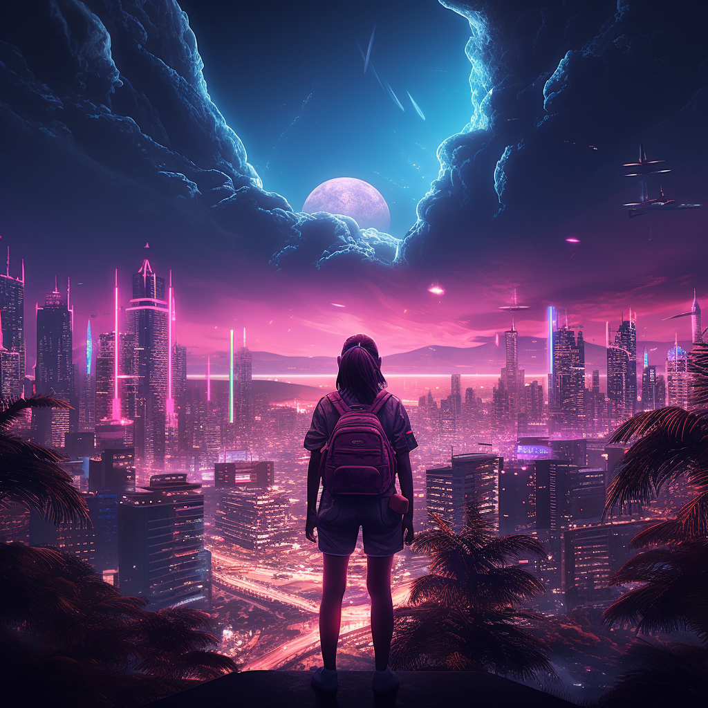 MidJourney : retrowave - girl - landscape - night - city by Thibault on ...