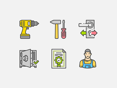 Door locks certificate drill filled outline hammer icon icon set iconography icons icons set iconset line lock man safe screwdriver ui ux vector warranty worker