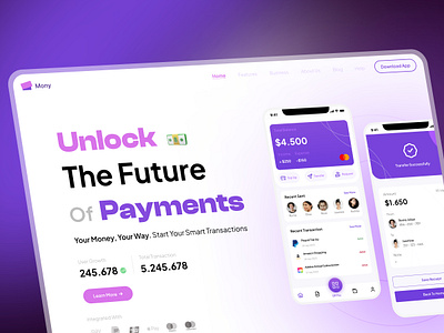 Mony | Landing Page Web Design bank app banking app branding design digital wallet e wallet finance fintech hero landing page mobile app money money transfer app payment app ui ui design ux design wallet app web design website