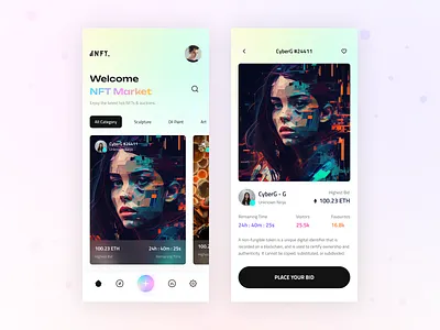 NFT Marketplace dNFT - Mobile App app bitcoin blockchain branding coin color crypto design dnft eth finance graphic design illustration marketplace mobile nft shop token ui ux