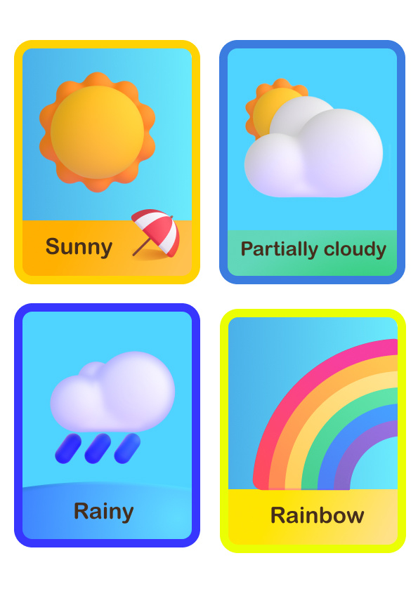 Weather Flash Cards cloudy colorful flashcards flatdesign free printables graphic design illustration partially cloudy rainbow rainy snowy stormy sunny tornado weather