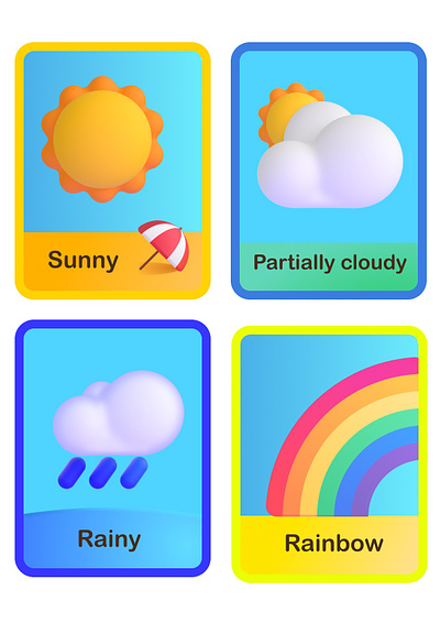 Weather Flash Cards cloudy colorful flashcards flatdesign free printables graphic design illustration partially cloudy rainbow rainy snowy stormy sunny tornado weather