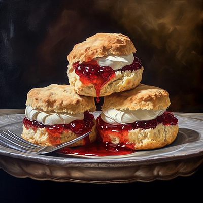 Scones with Clotted Cream and Strawberry Jam toppings.