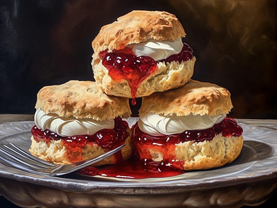 Scones with Clotted Cream and Strawberry Jam toppings.