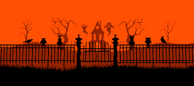 Happy Halloween banner on orange background art black cats crows design fence graphic design grass halloween holiday illustration logo old terrible house party silhouette trees