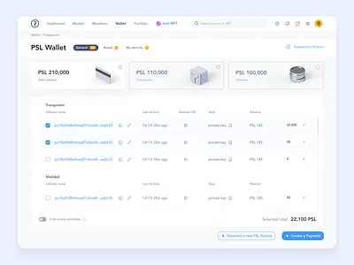 Wallet dashboard address balance balances crypto empty general hide market markets member members name new pastel toggle total transparent wallet
