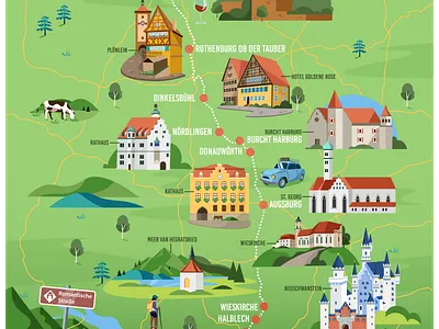 Illustrated map of the Romantische Strasse adobe illustrator adobe photoshop branding design deutsland digital illustration digital illustrator europe germany illustrated map illustration illustrator map romantische strasse